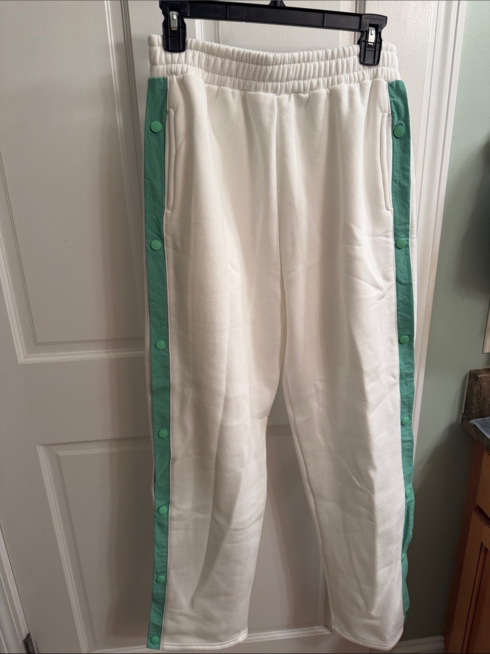 White Track Joggers with Mint Green Side Stripes